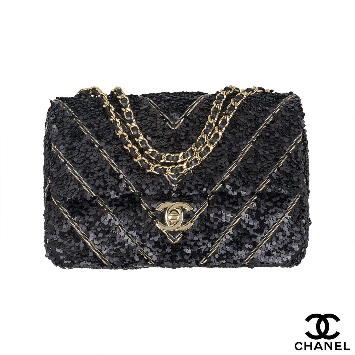 Chanel Black and Gold Sequin Single Flap Bag Chanel  TLC